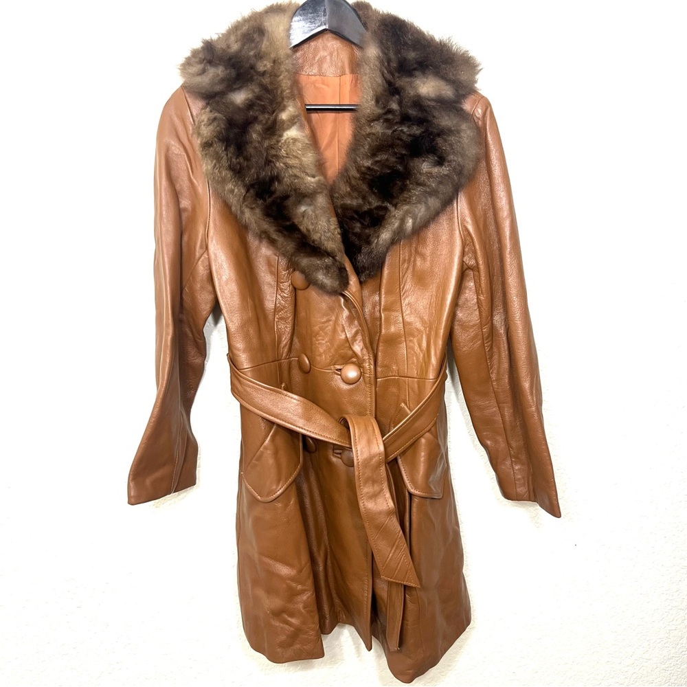 Vintage 70’s Cognac Leather Trench Coat Short Fur Collar Size 14 - Picture 2 of 15